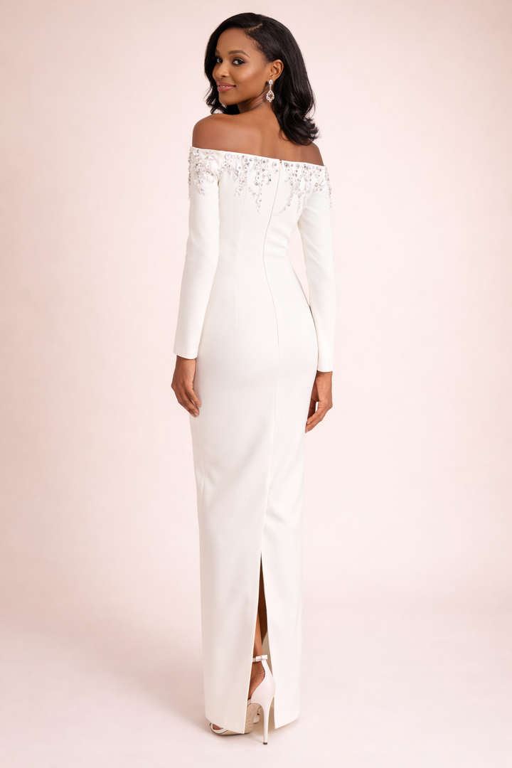 off-shoulder column gown with crystal embellished neckline – ALTHEA