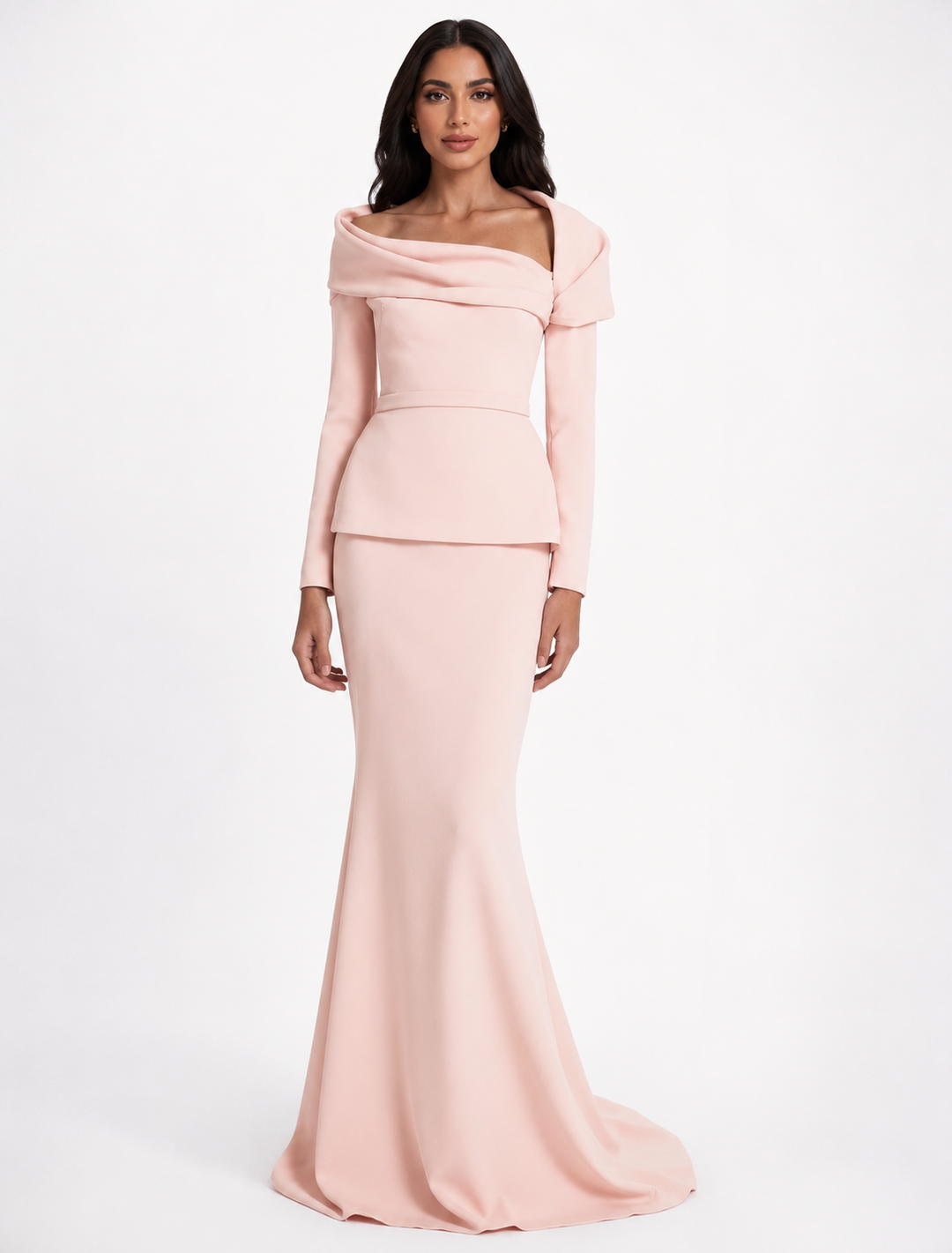 off-shoulder draped gown with peplum waist – SERENL