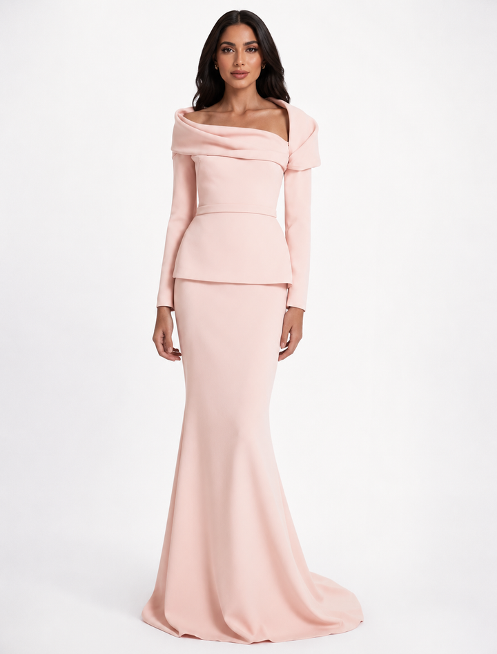 off-shoulder draped gown with peplum waist – SERENL