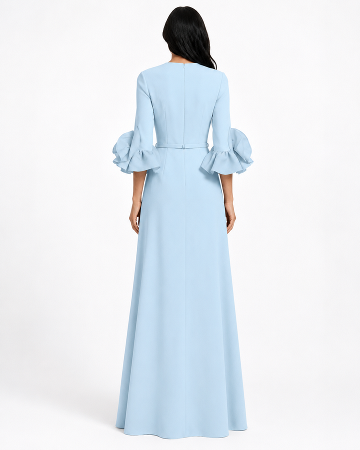 belted maxi dress with organza ruffle cuffs – NAVELLA