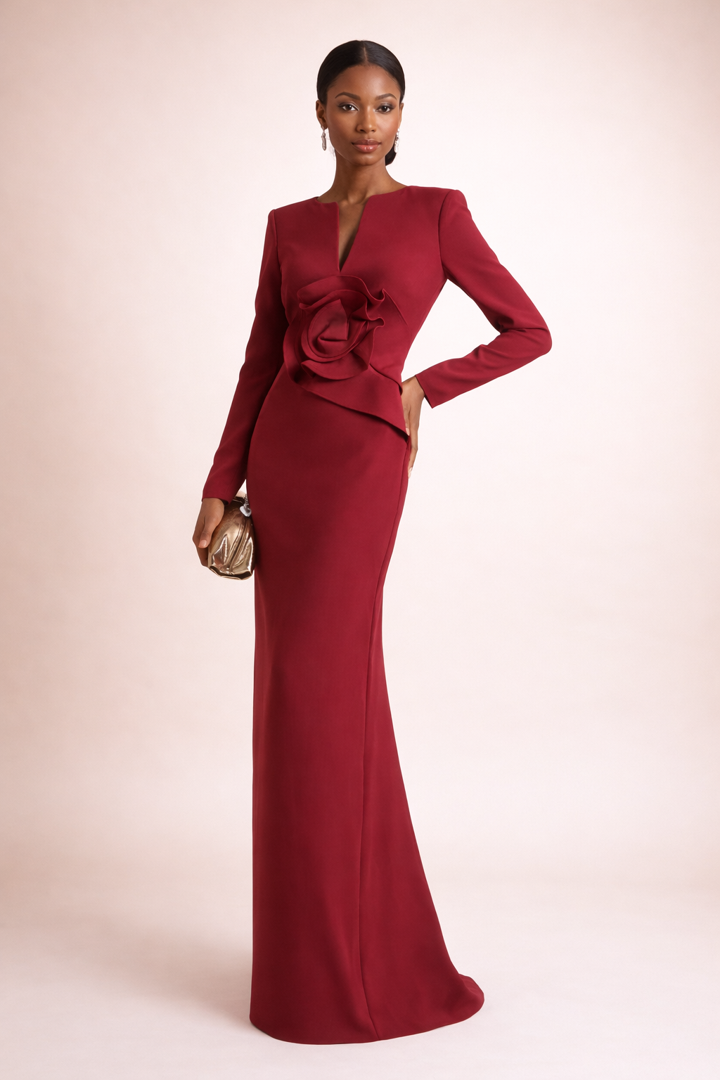 long-sleeve column gown with sculpted floral waist – SASYON