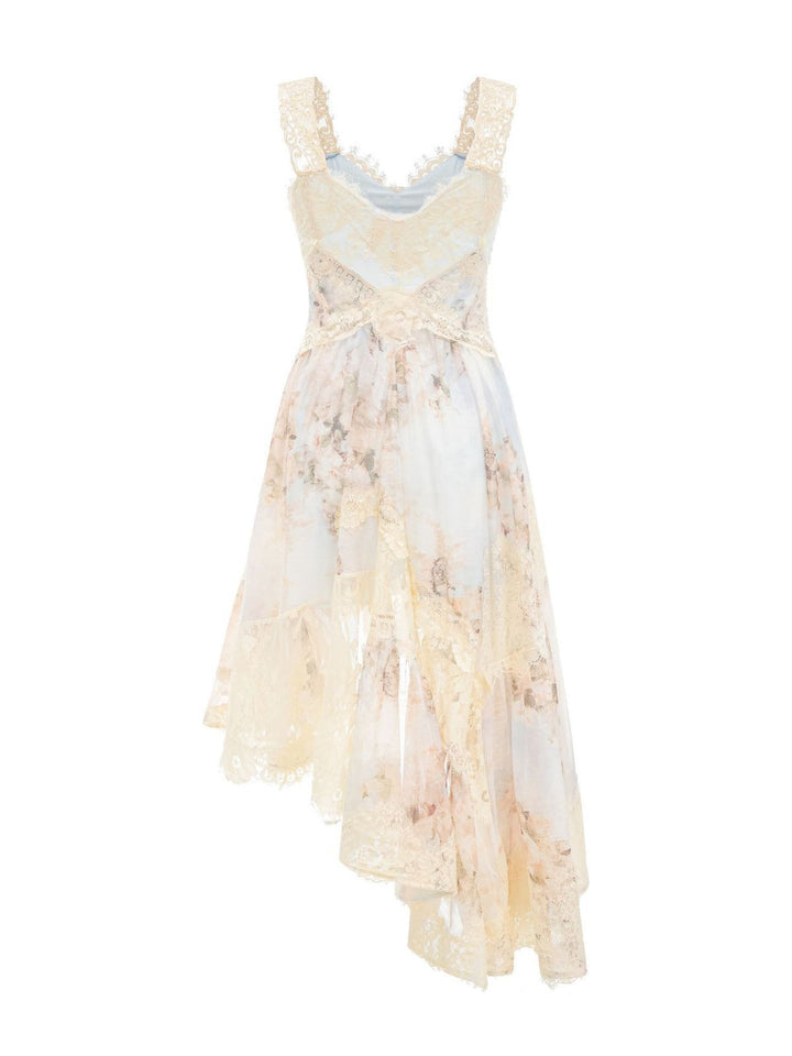 lace overlay asymmetrical midi dress with floral chiffon layers – IVORY
