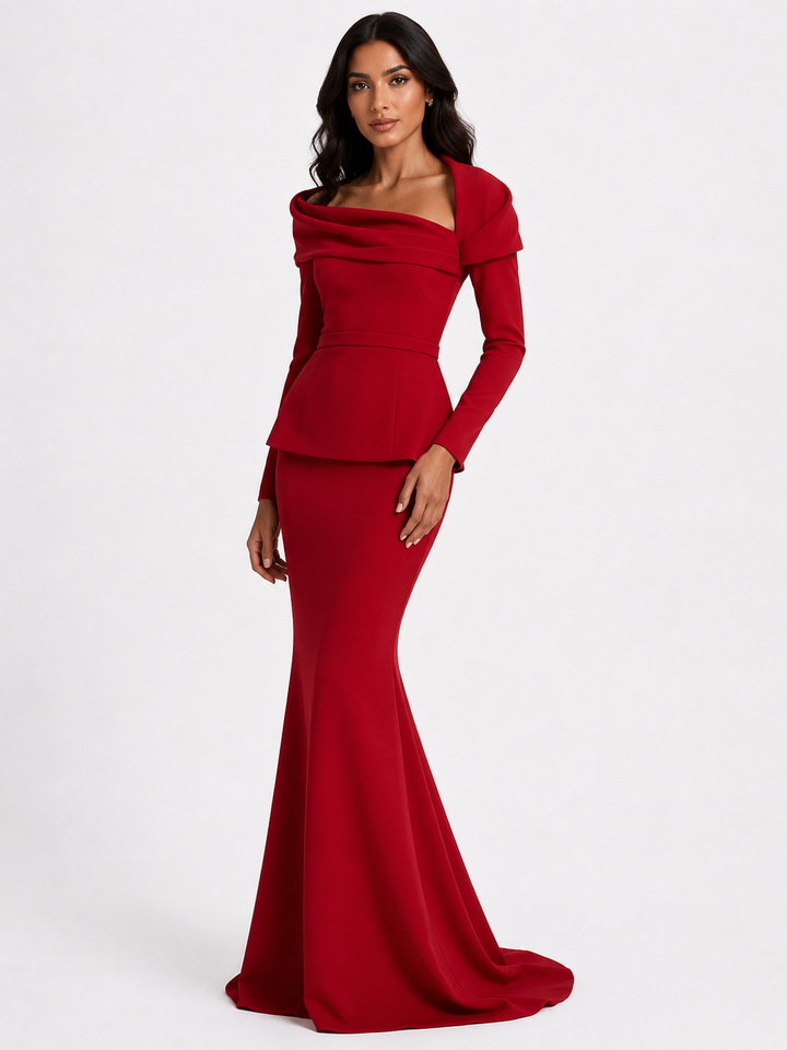 off-shoulder draped gown with peplum waist – SERENL
