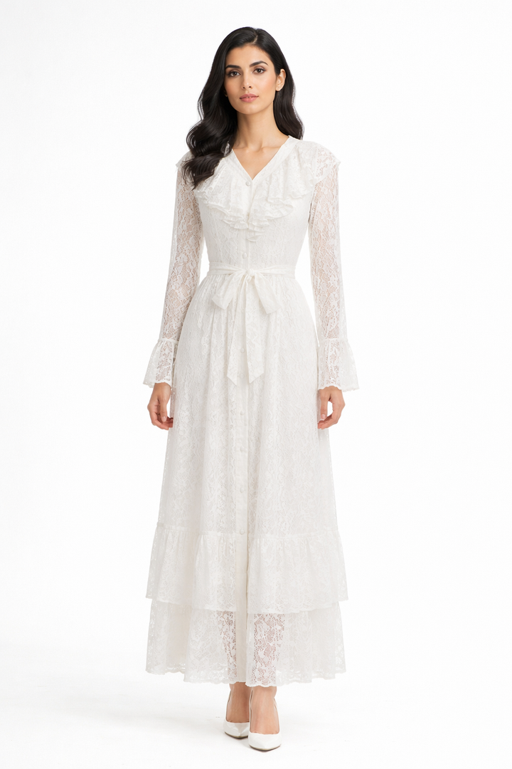 lace midi dress with ruffle neckline and waist tie – RUBY