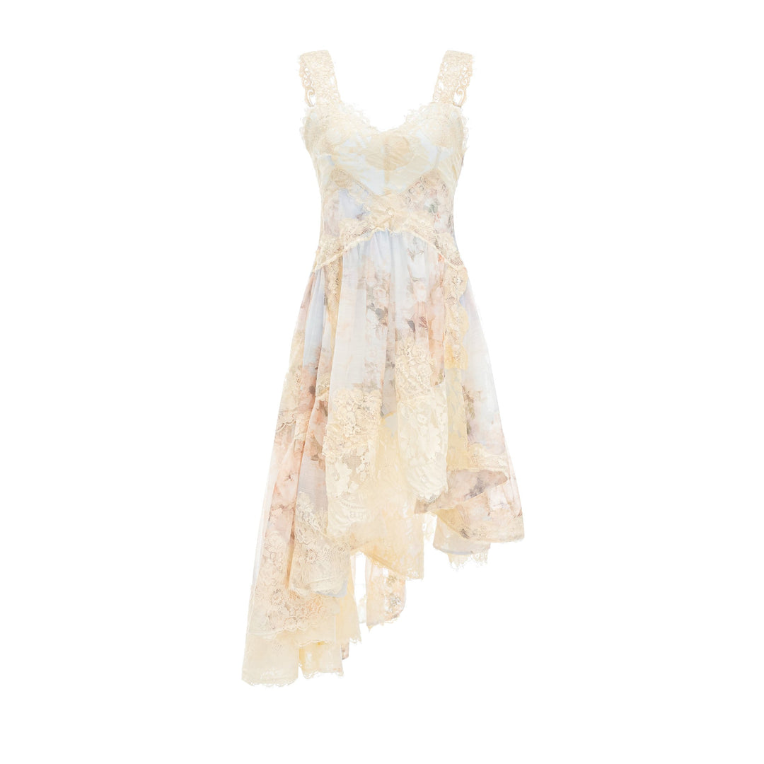 lace overlay asymmetrical midi dress with floral chiffon layers – IVORY
