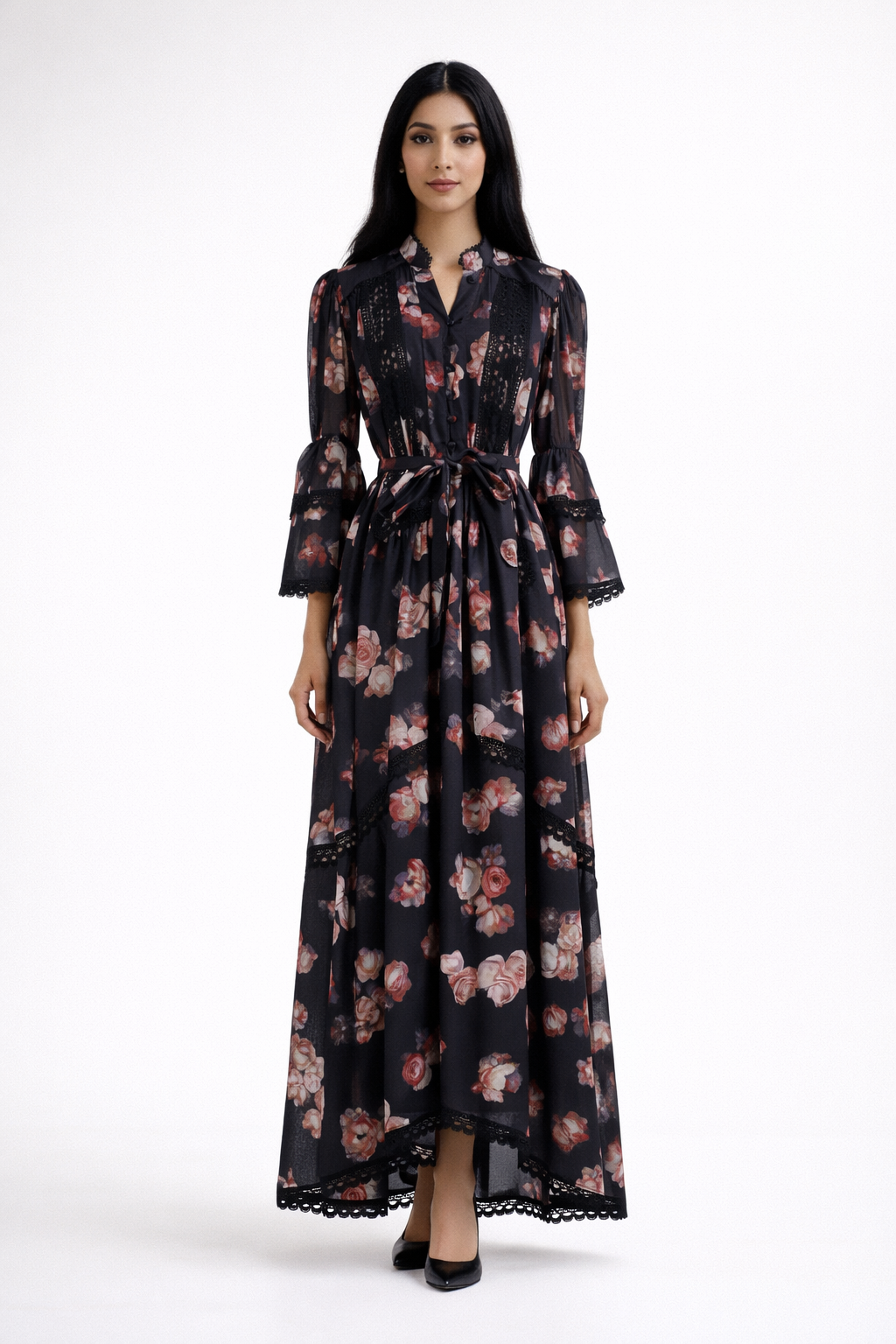 long sleeve vintage floral dress with lace panels and belted waist – AMELIA
