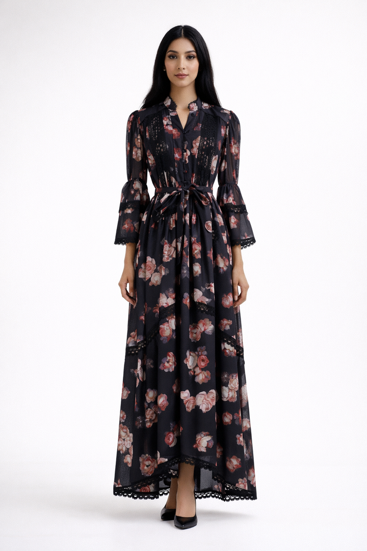 long sleeve vintage floral dress with lace panels and belted waist – AMELIA