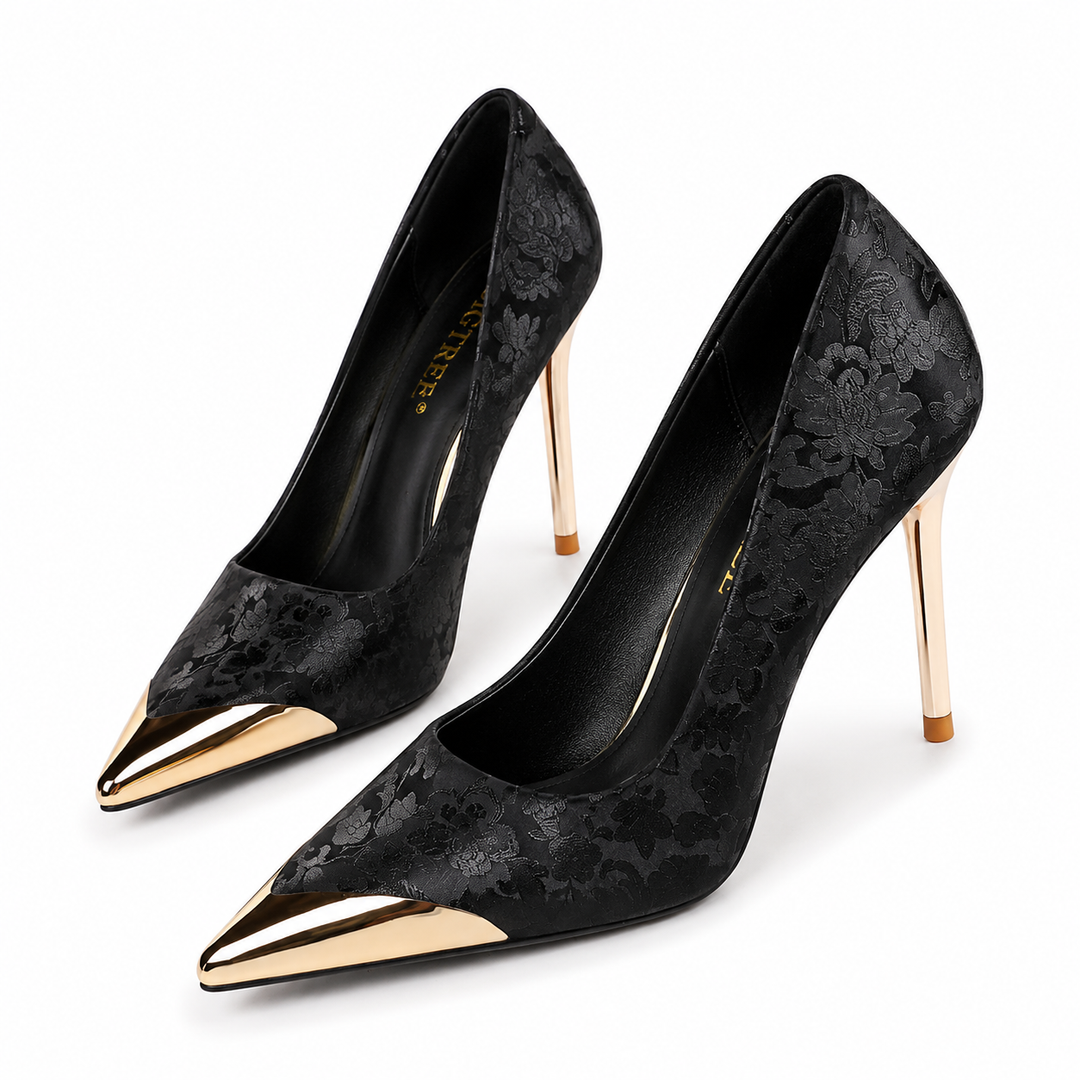 Golden Floral Jacquard Pointed Toe Stiletto Heels – AURÉLIA