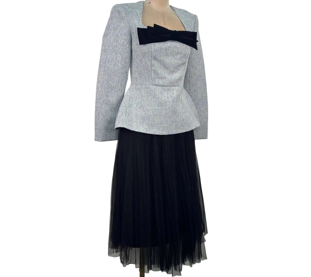 long sleeve peplum top with velvet bow and tulle skirt set – VELORA