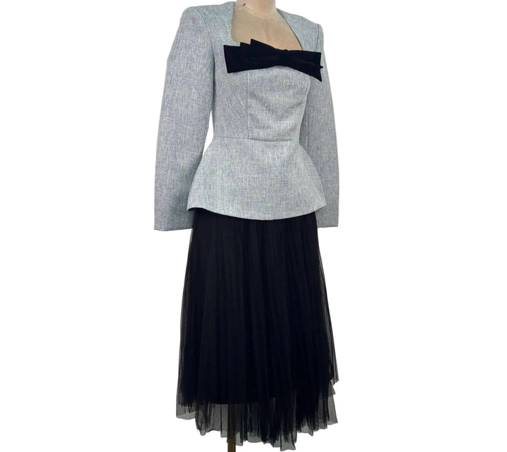 long sleeve peplum top with velvet bow and tulle skirt set – VELORA