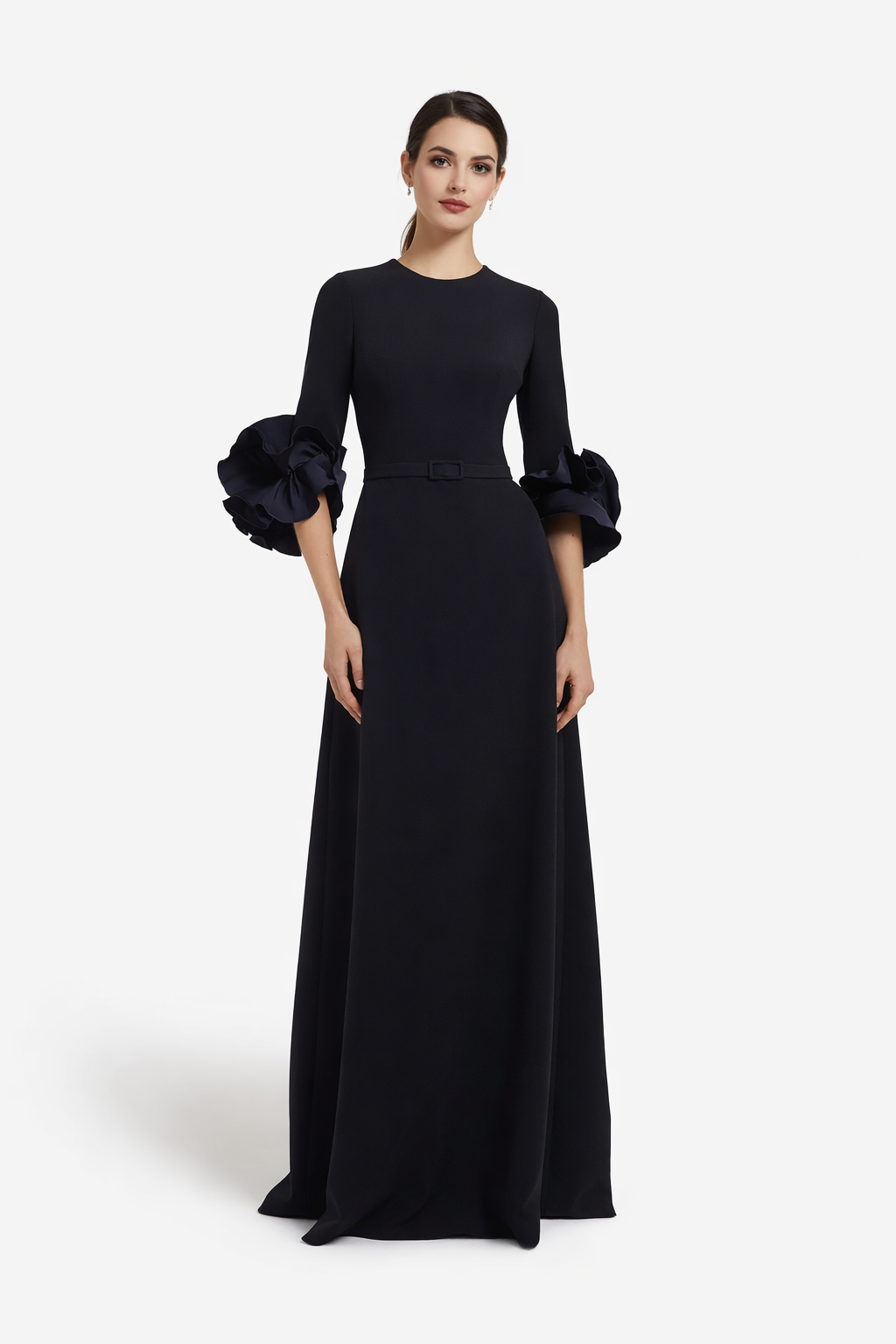 belted maxi dress with organza ruffle cuffs – NAVELLA