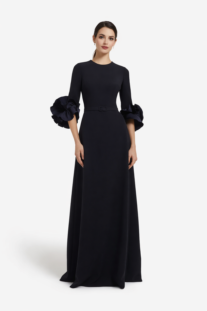 belted maxi dress with organza ruffle cuffs – NAVELLA