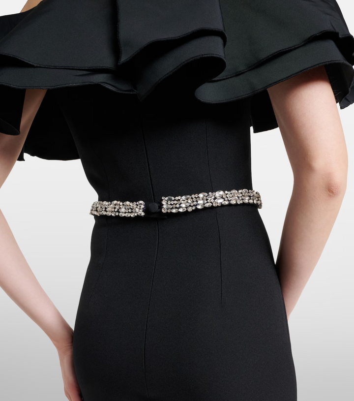 off-shoulder ruffle column dress with crystal waist belt – NOIRIA