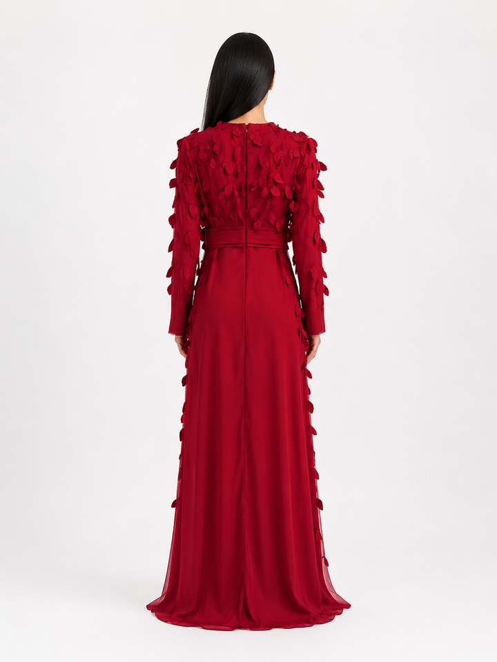Red 3D Floral Embellished Waist Tie Maxi Dress – VALÉRA