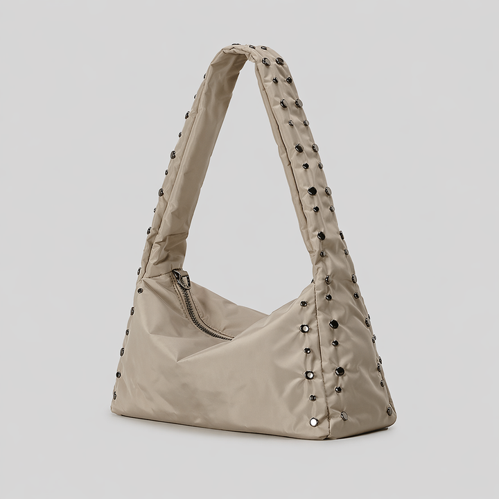 Beige Studded Shoulder Bag with Zipper Closure-SCULPT
