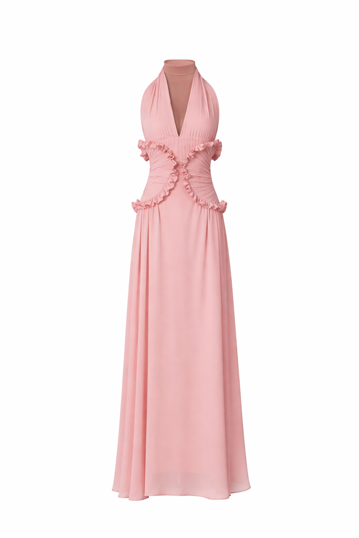halter neck maxi dress with ruched ruffle waist – SOLARA