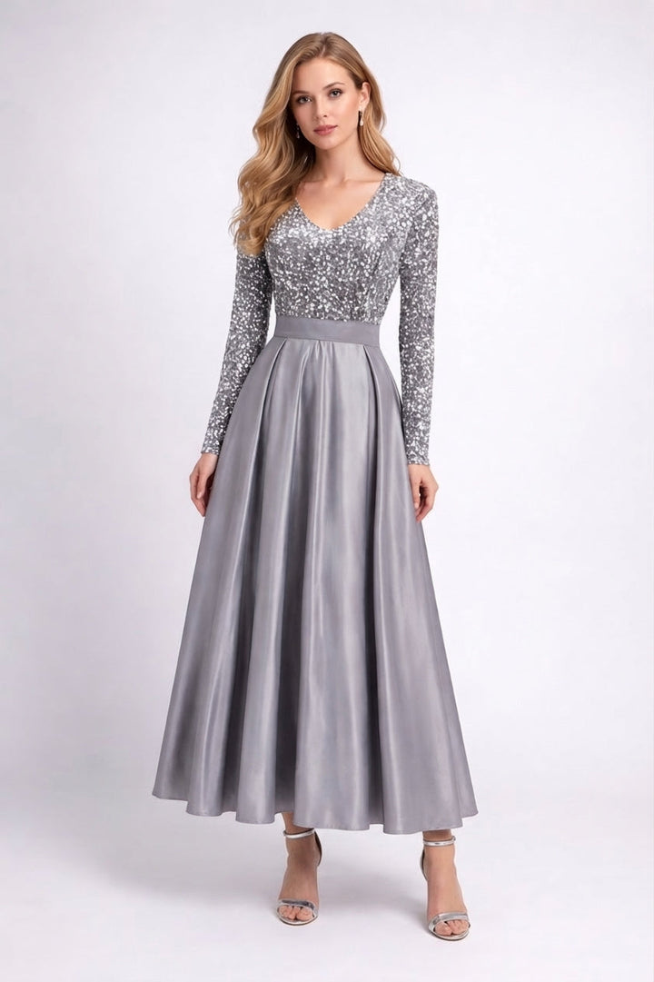 long-sleeve sequin bodice satin maxi dress – SILVÉRA