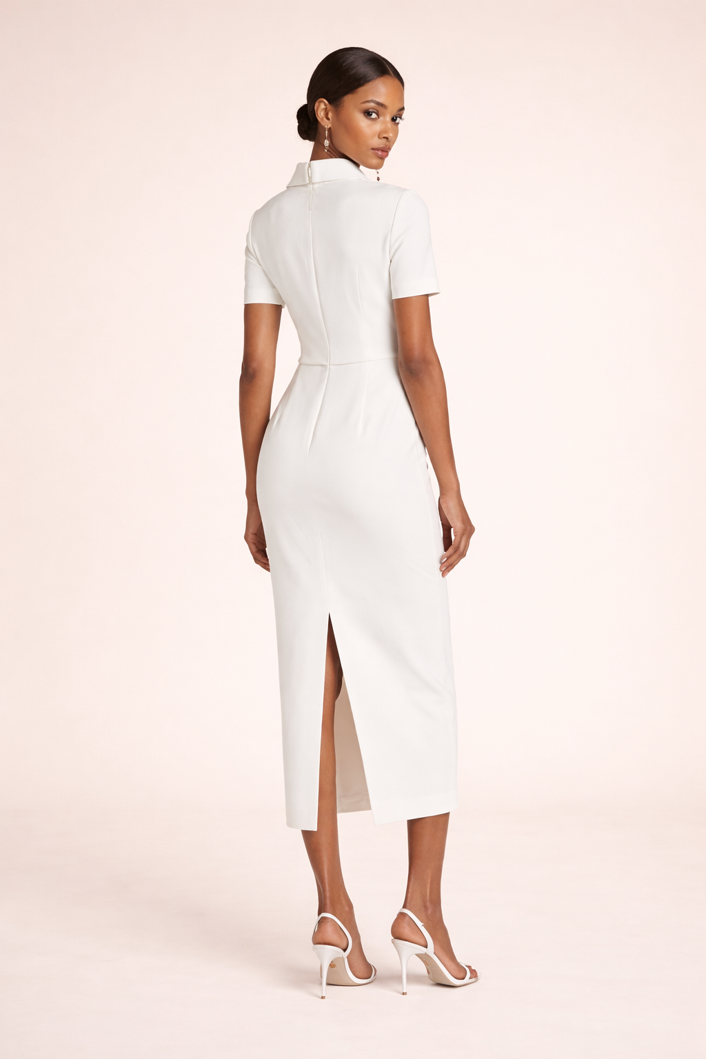 high-neck midi column dress with short sleeves – ELARA