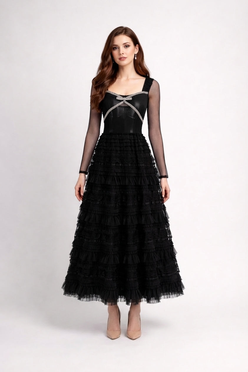 long-sleeve lace and tulle maxi dress with ribbon detail – BELLE