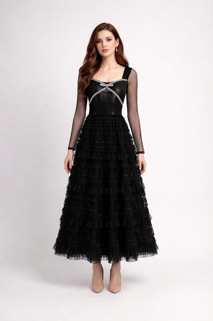 long-sleeve lace and tulle maxi dress with ribbon detail – BELLE