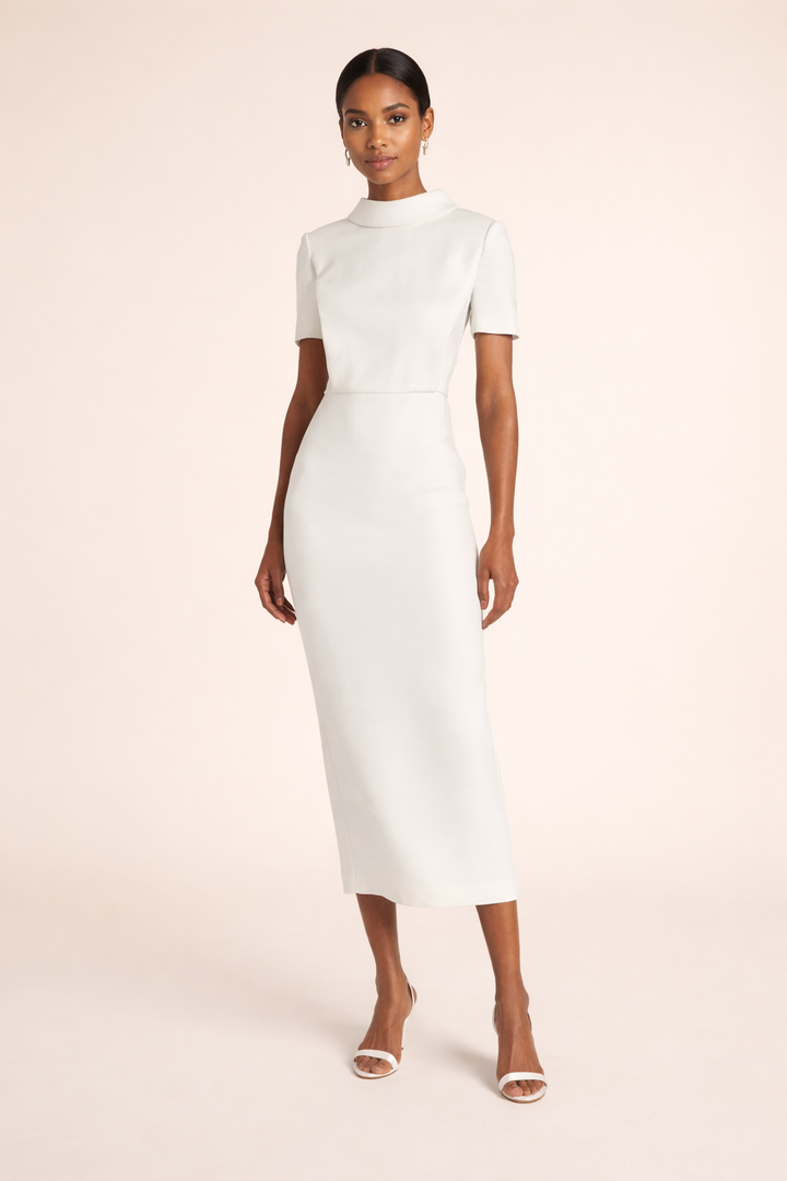 high-neck midi column dress with short sleeves – ELARA