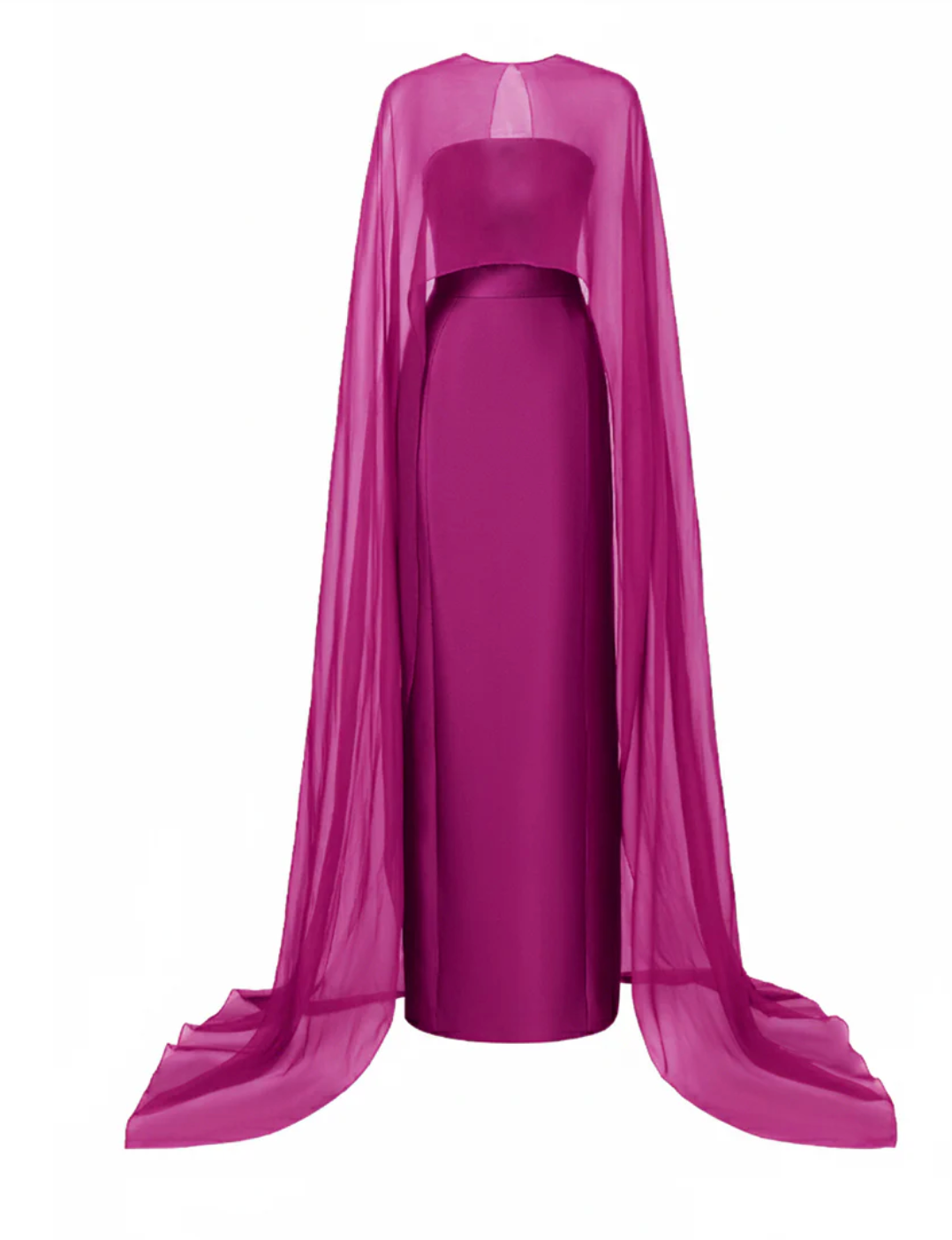 strapless column gown with sheer cape overlay – FUCHSIA