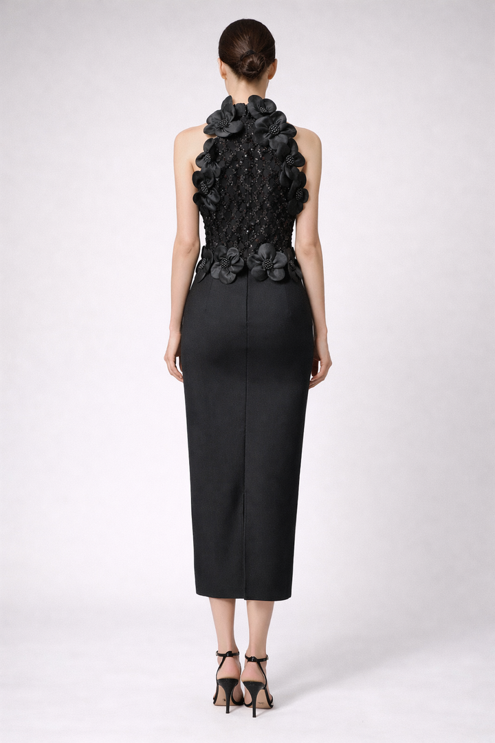 sleeveless fitted midi dress with 3D floral appliqué and sequined bodice – BLOSSOM