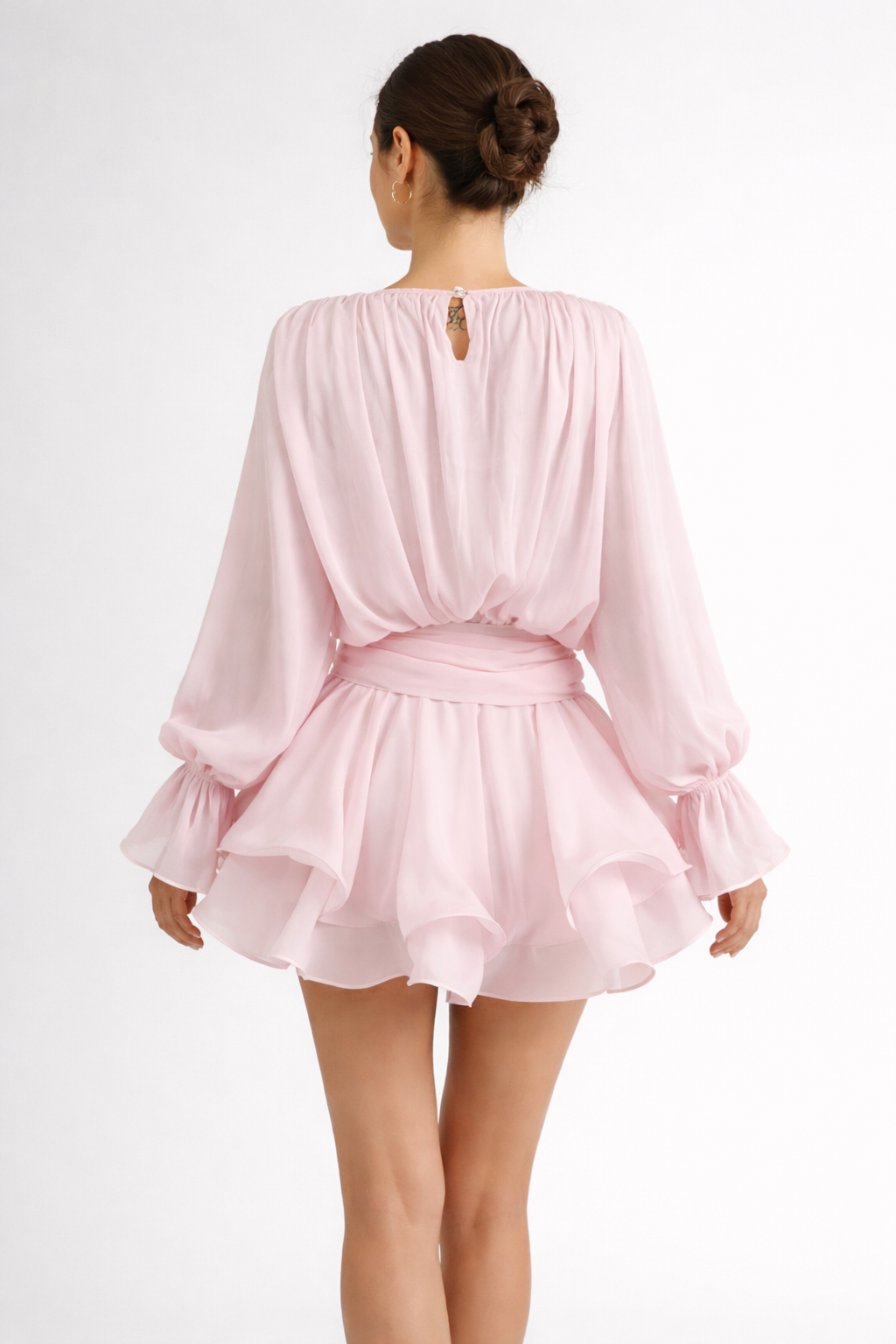 long sleeve chiffon mini dress with waist tie detail – BLUSH