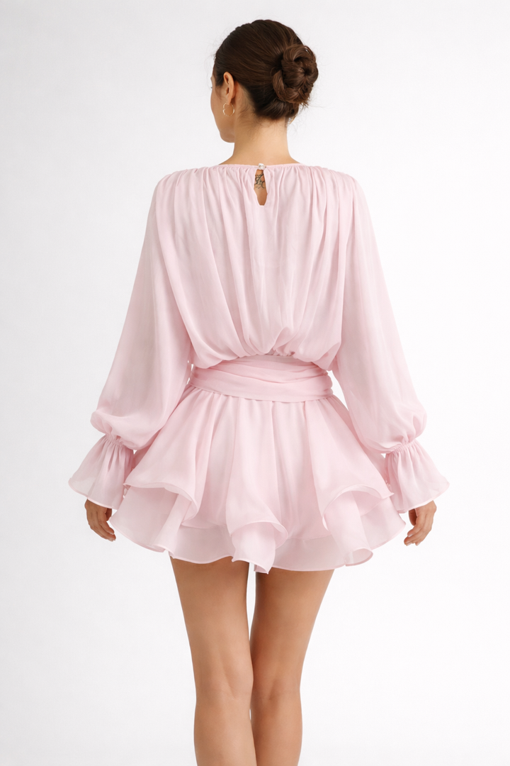long sleeve chiffon mini dress with waist tie detail – BLUSH