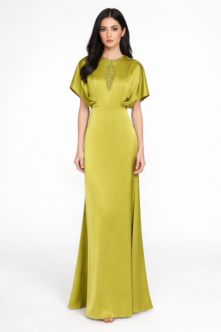 draped sleeve column dress with embellished neckline – OLIVE