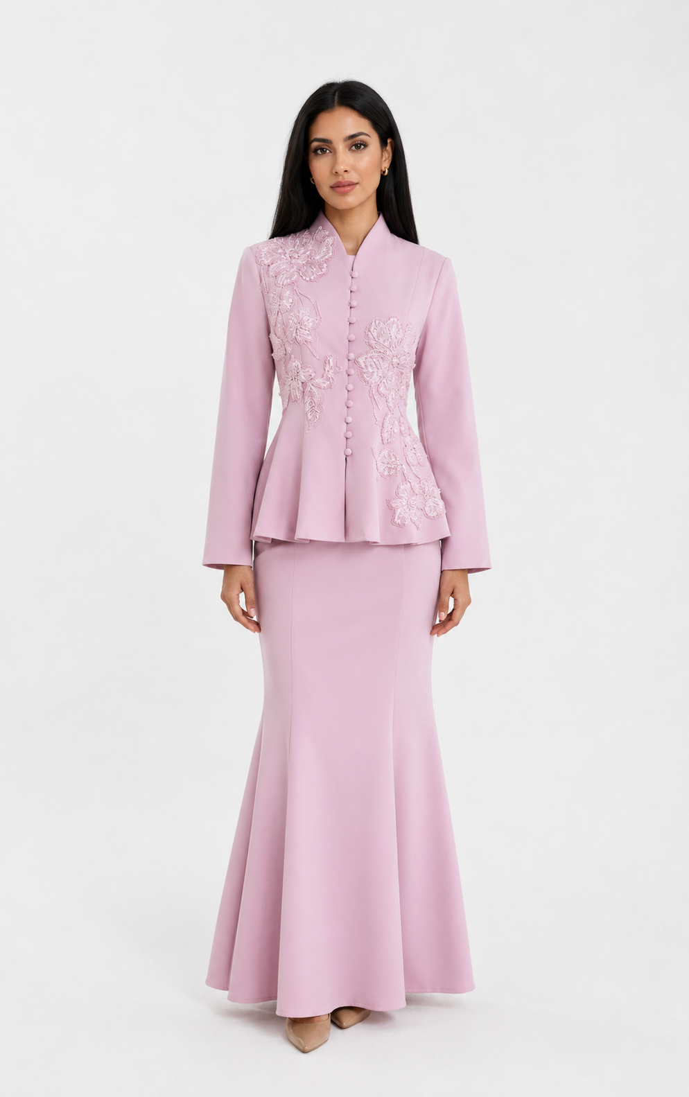 Elegant Embroidered Peplum Top & Mermaid Skirt Set - Champagne
