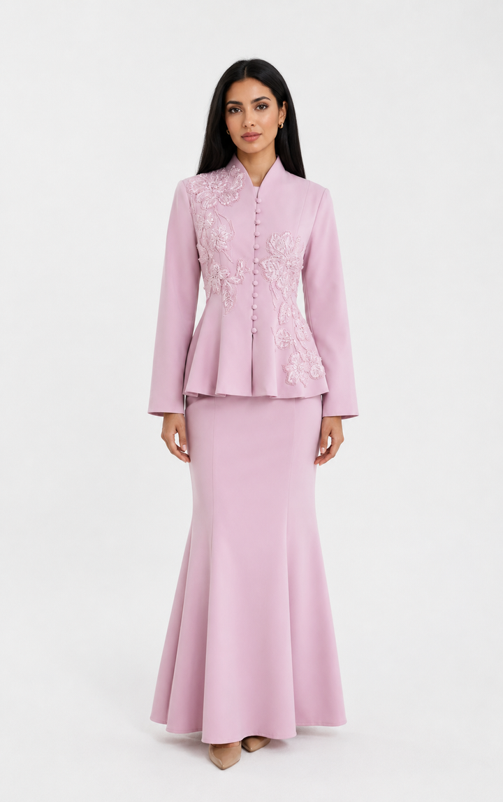 Elegant Embroidered Peplum Top & Mermaid Skirt Set - Champagne