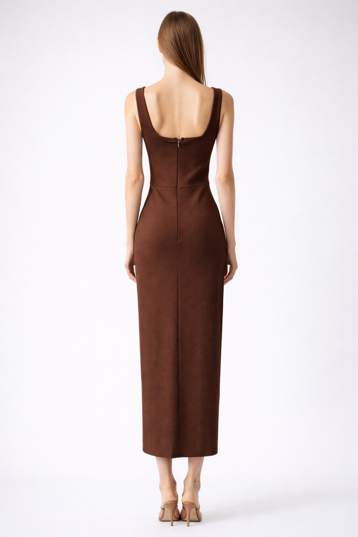 sleeveless fitted midi dress with pearl embellishments and floral straps – PEARL