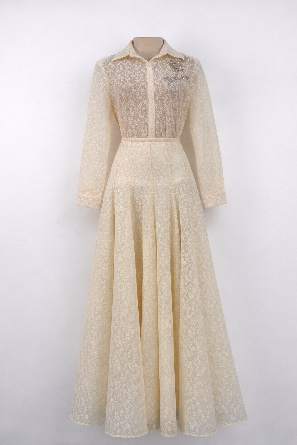 lace long sleeve shirt dress with waist tie – IVORY