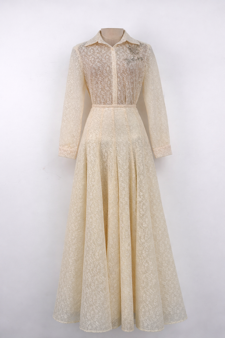 lace long sleeve shirt dress with waist tie – IVORY