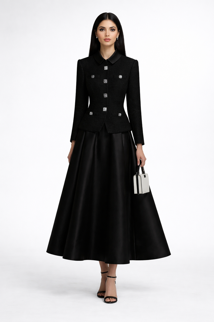 structured blazer-style maxi dress with flared satin skirt – ELEGANCE