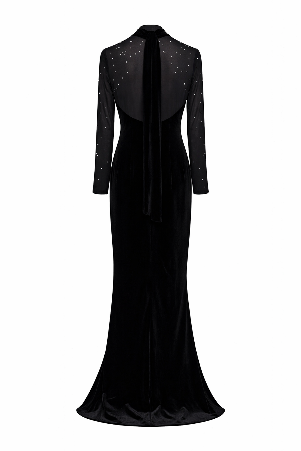 long sleeve sheer yoke maxi dress with crystal front detail – NOIR
