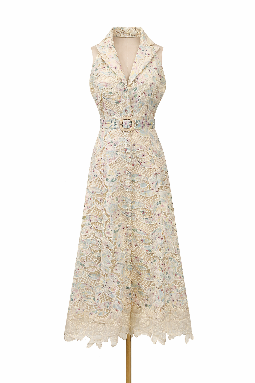 sleeveless lace midi dress with belt detail – ELARA
