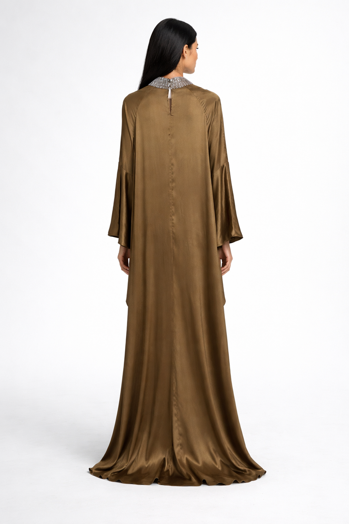 loose maxi satin kaftan dress with embellished neckline – SAHARA