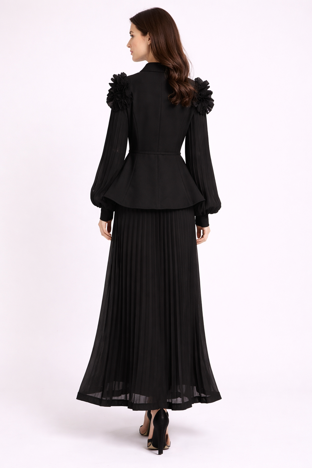 pleated maxi skirt set with ruffle collar blazer - AZURE