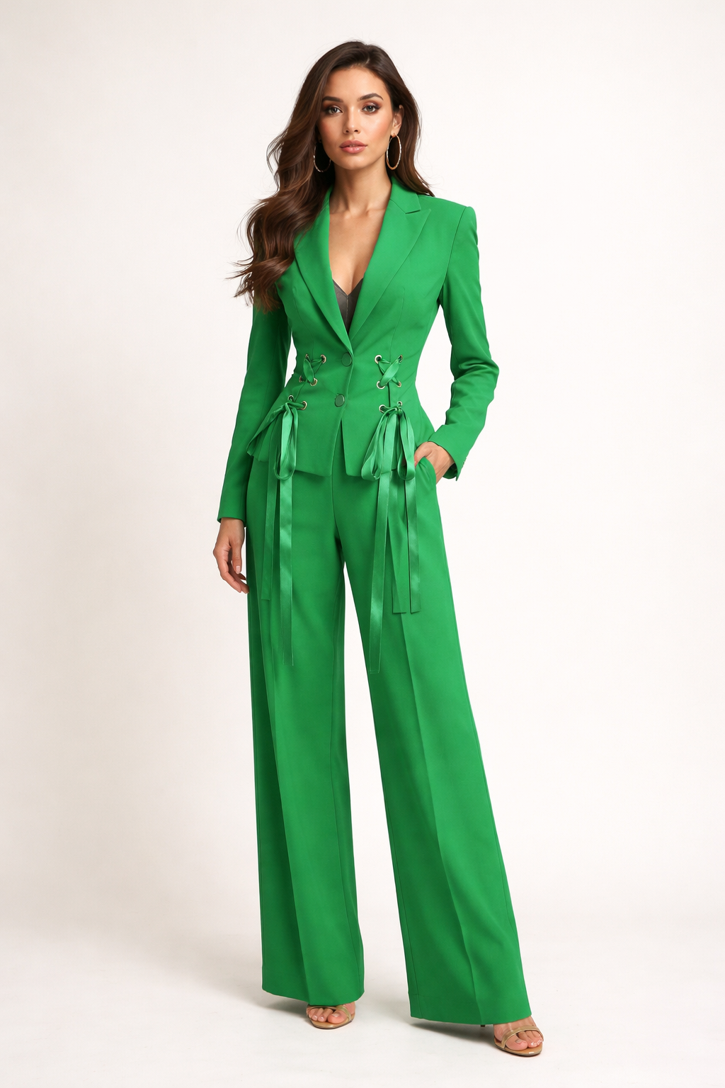 tailored blazer and wide-leg pants set with lace-up waist detail – EMERALD