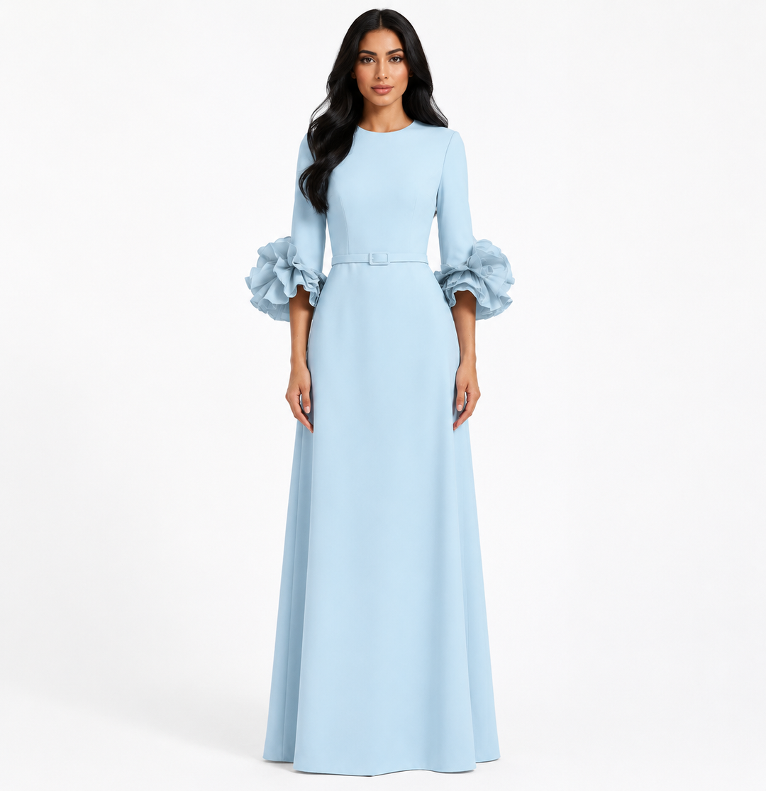 belted maxi dress with organza ruffle cuffs – NAVELLA