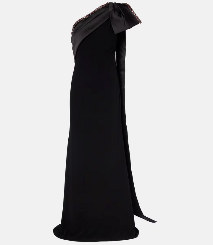 one-shoulder draped column dress with embellished trim – VALERIA