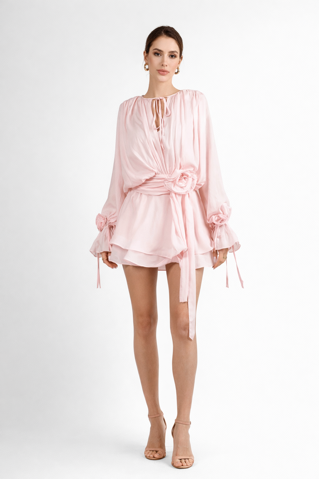 long sleeve chiffon mini dress with waist tie detail – BLUSH