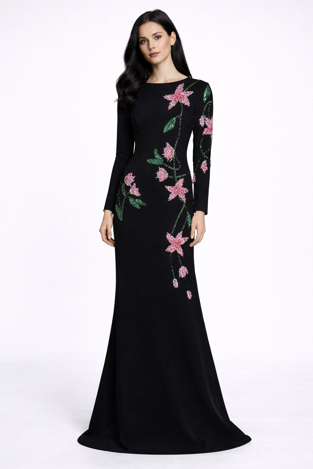 long sleeve column maxi dress with floral embroidery – BLOSSOM