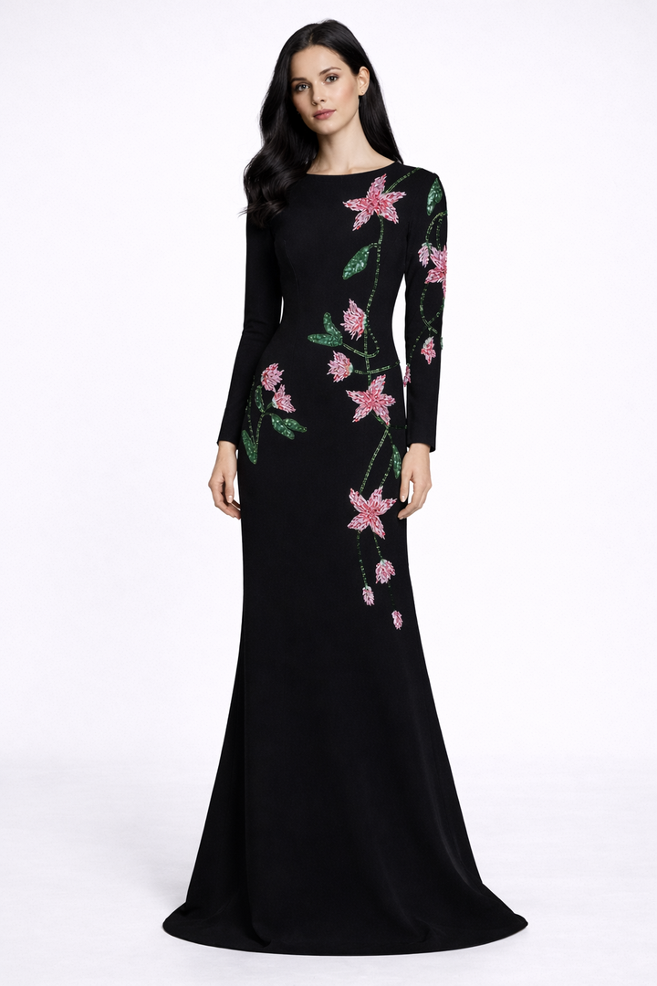 long sleeve column maxi dress with floral embroidery – BLOSSOM