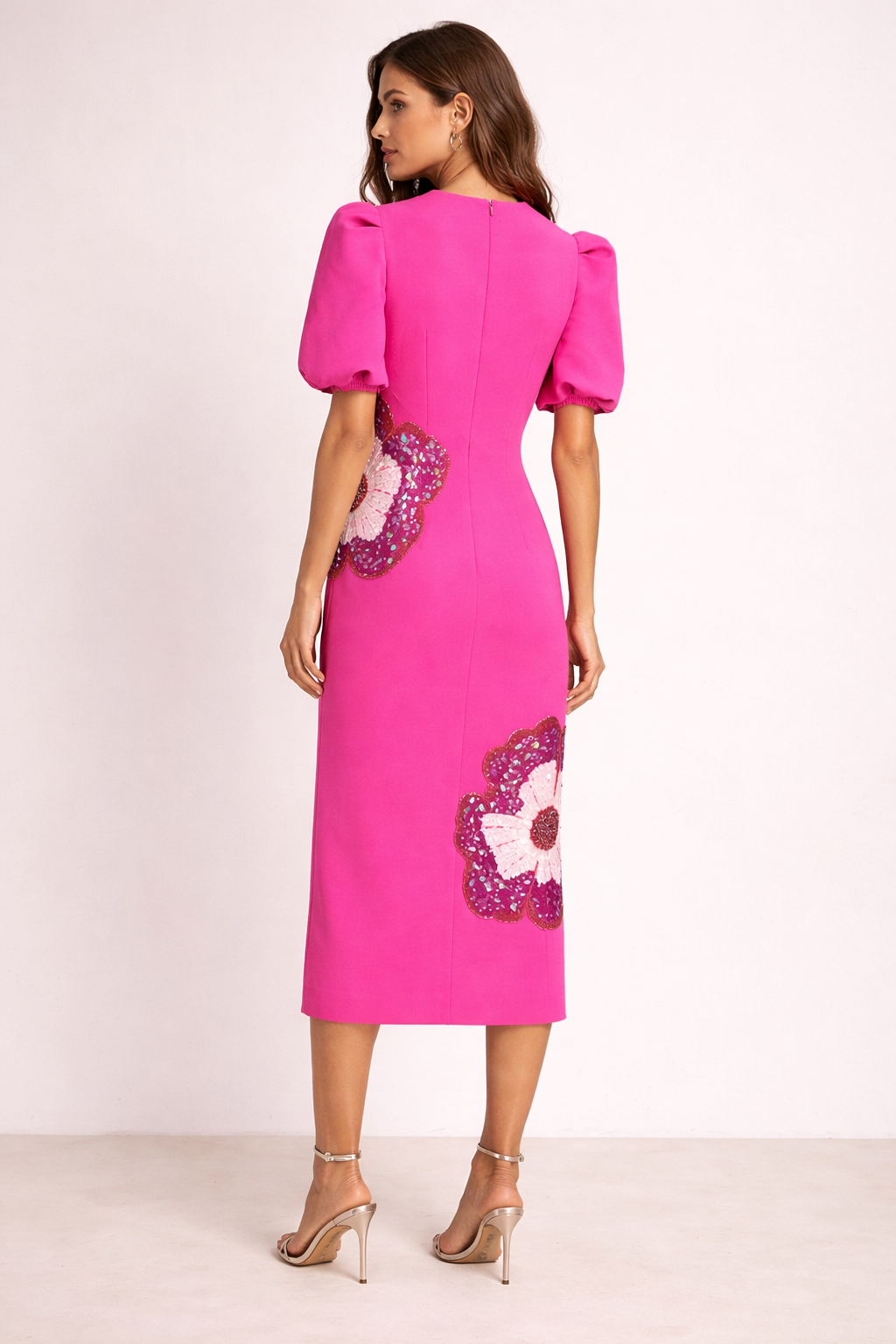 puff sleeve midi dress with floral sequin applique – FUCHSIA