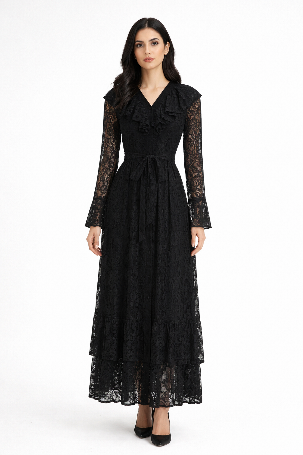 lace midi dress with ruffle neckline and waist tie – RUBY