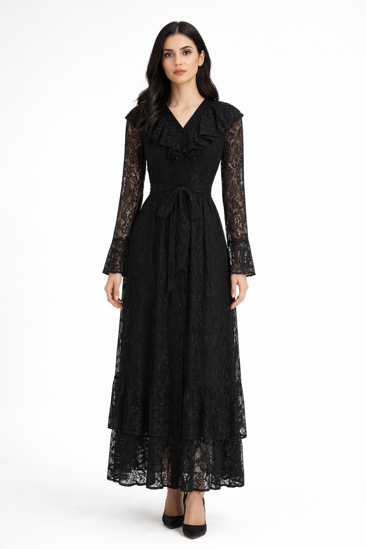 lace midi dress with ruffle neckline and waist tie – RUBY