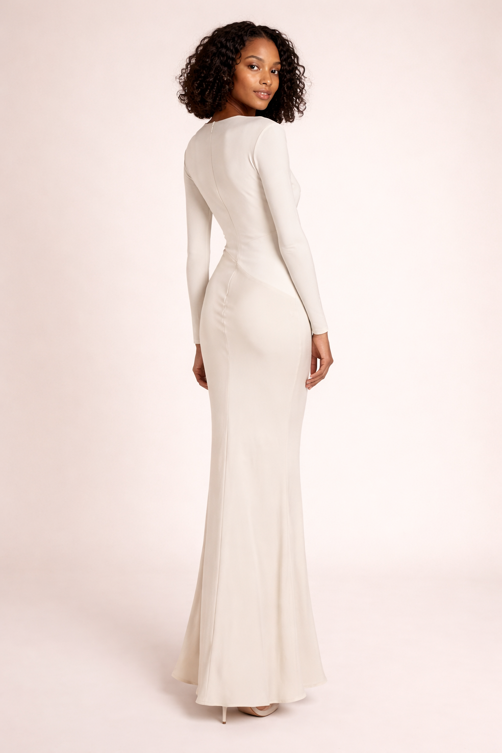 long-sleeve draped mermaid dress with asymmetric waist – LUMINA